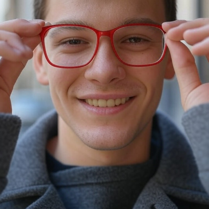 Un jeune homme tient entre ses mains ses lunettes rouges qui sont sales