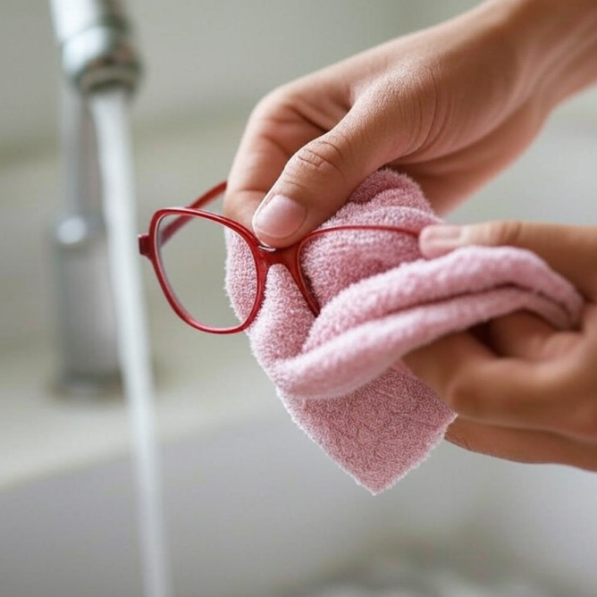 Des mains sont en train d'essuyer des verres de lunettes, avec un robinet et de l'eau claire qui coule en arrière plan