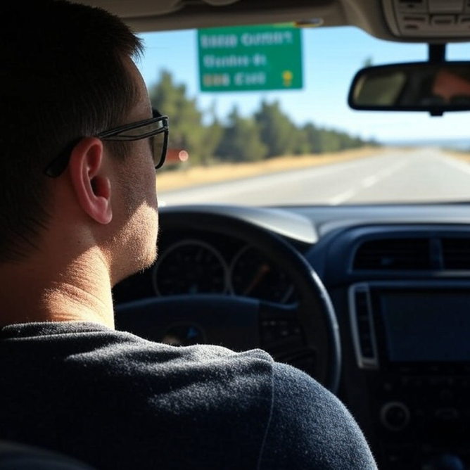 Homme de dos avec des lunettes sur une route ensoleillée avec une vision au loin très claire