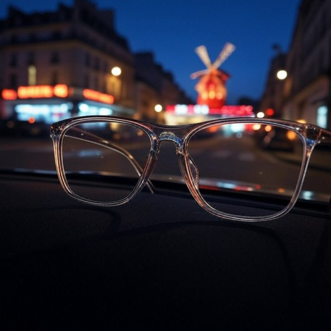 Une paire de lunettes de vue élégante de femmes posée sur un tableau de bord. Le Moulin Rouge et ses lumières en arrière plan