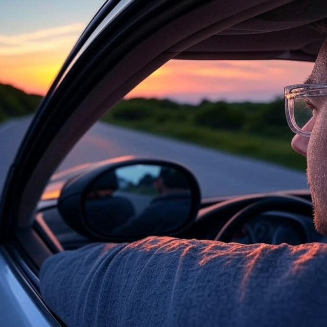 Une voiture roulant sur une route panoramique avec un magnifique coucher de soleil en arrière-plan. Le conducteur porte des lunettes en plastique avec des verres transparents, visible dans le rétroviseur intérieur, incarnant la sécurité et la sérénité. 