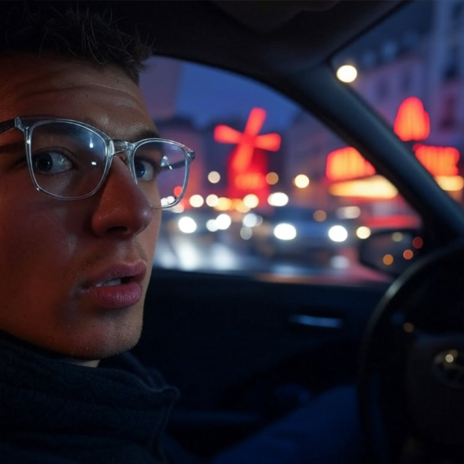 Homme avec des lunettes conduisant la nuit sa voiture ébloui par les lumières des phares et les les lumières du Moulin Rouge