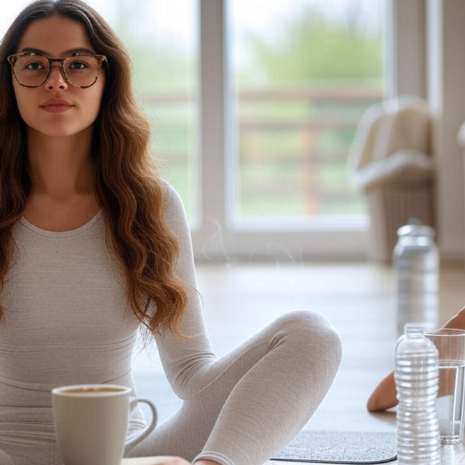 Femme relaxant pendant une séance de yoga avec une tasse et des bouteilles d'eau, représentant des solutions pour réduire le stress et les spasmes des paupières