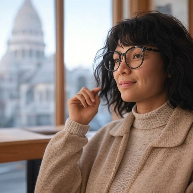 Jeune femme portant des lunettes, détendue et Zen avec en arrière plan la basilique Montamartre