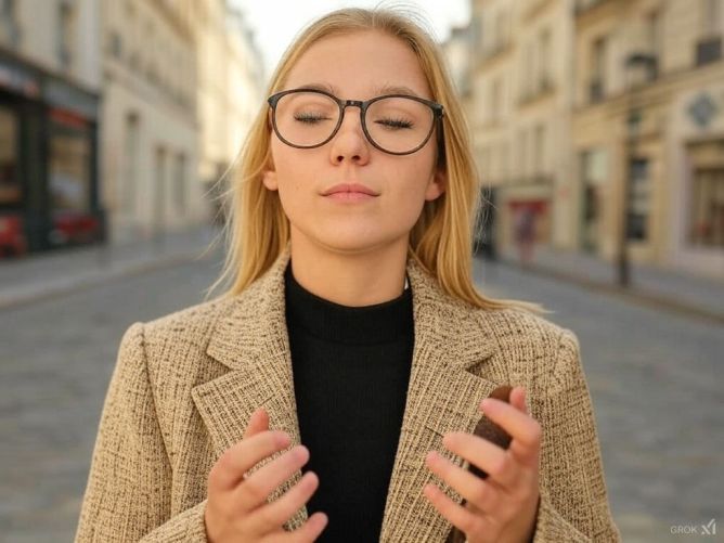 Jeune femme blonde dans les rues de Montmartre, elle a les yeux fermés, est zen et semble méditer